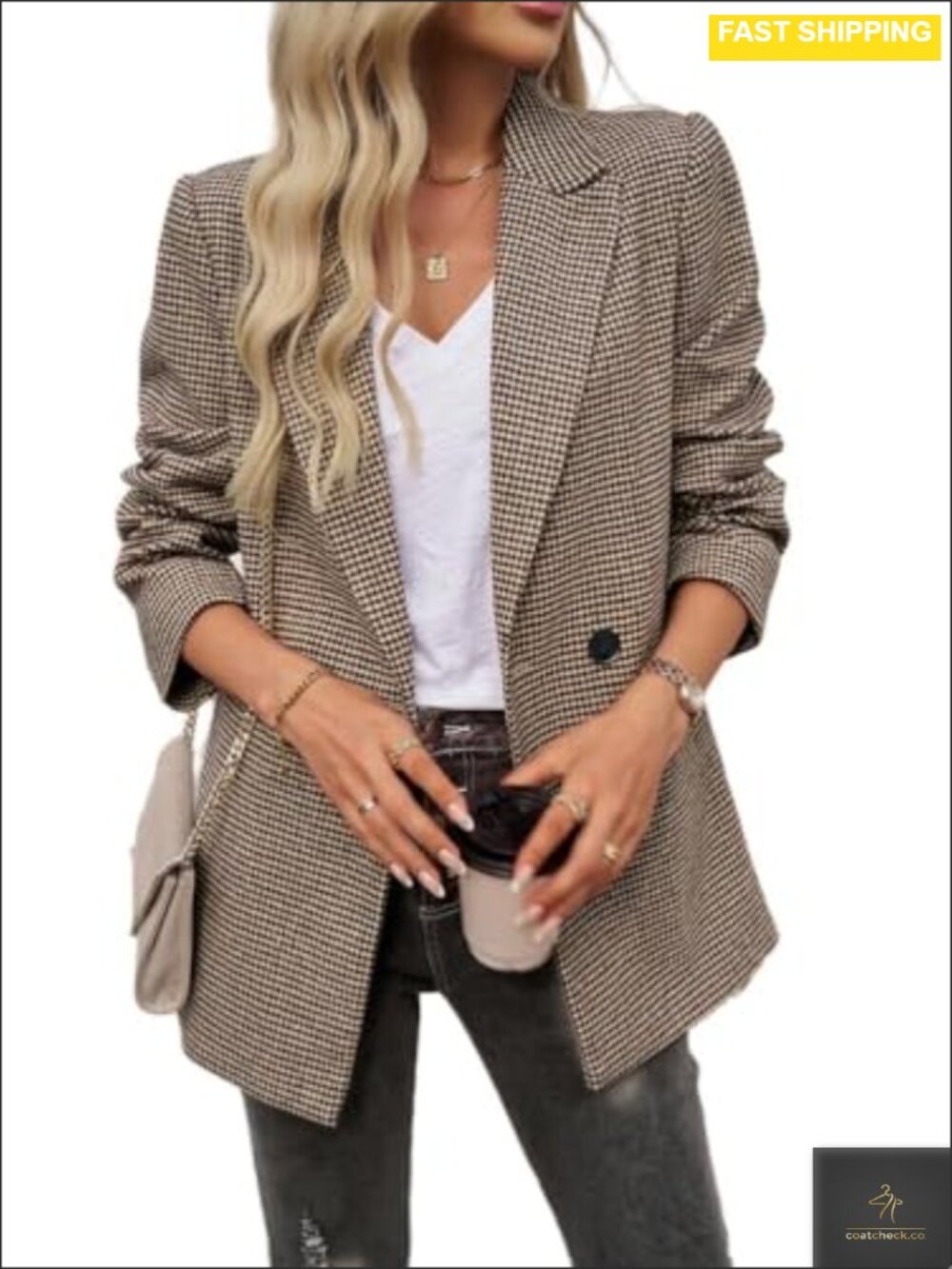 Womens Open Front Houndstooth Plaid Blazer Long Sleeve Notch Lapel Work